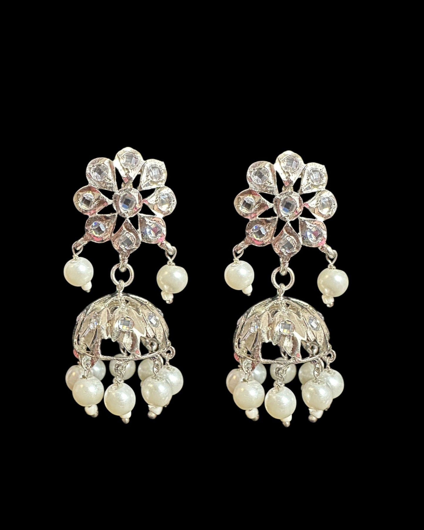 DER753 silver plated jhumka in flower tops ( READY TO SHIP)
