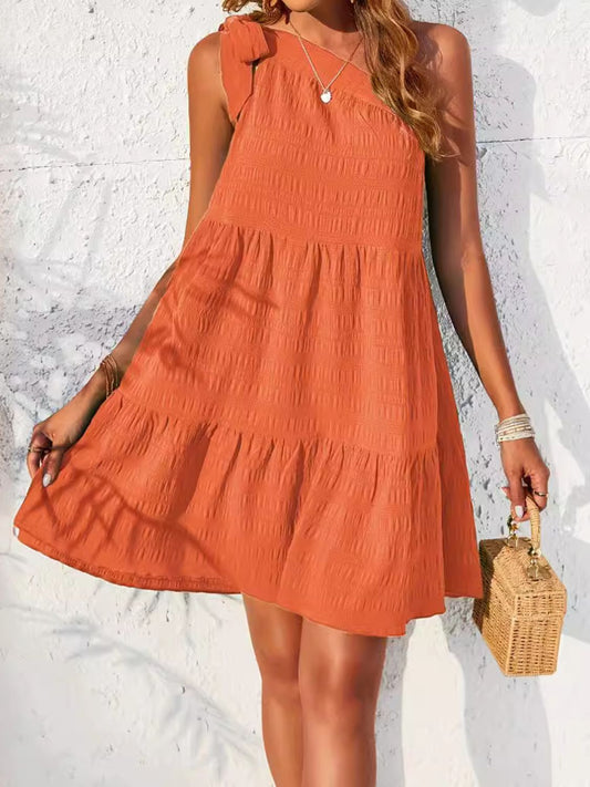 Textured Tied Single Shoulder Mini Dress