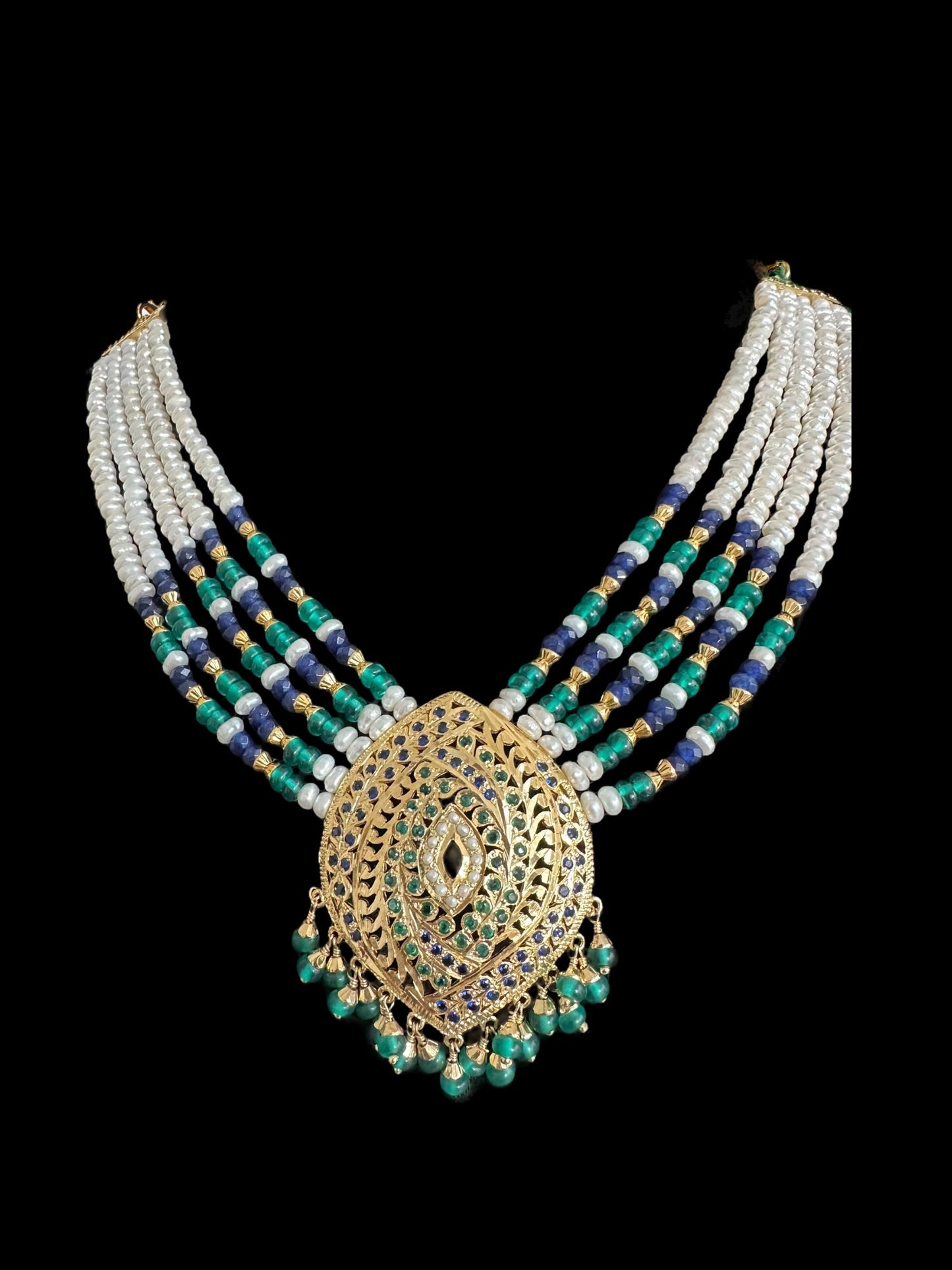 Emerlad sapphire pearl jadau silver necklace set with gold plating ( READY TO SHIP )