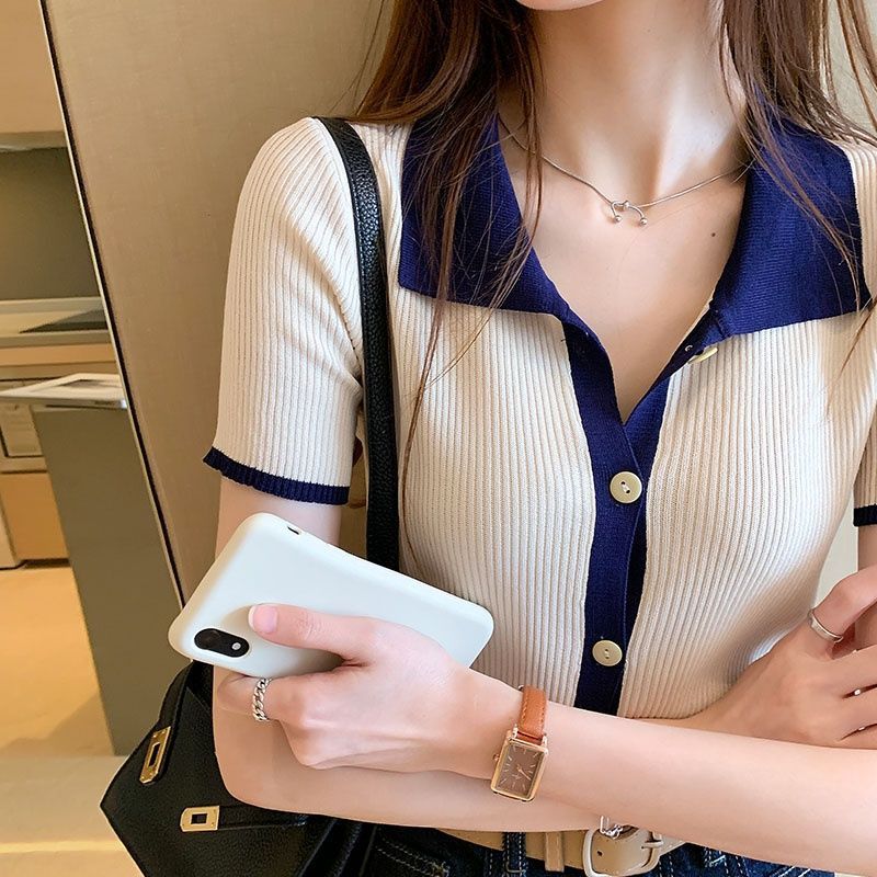 Ice Silk Contrast Collar Knit Top - Ribbed Short Sleeve Pullover