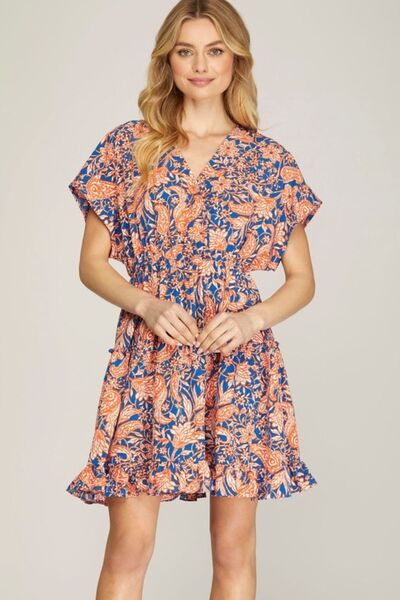 She Sky Full Size Ruffled Hem Printed Surplice Kimono Sleeve Mini Dress Plus Size