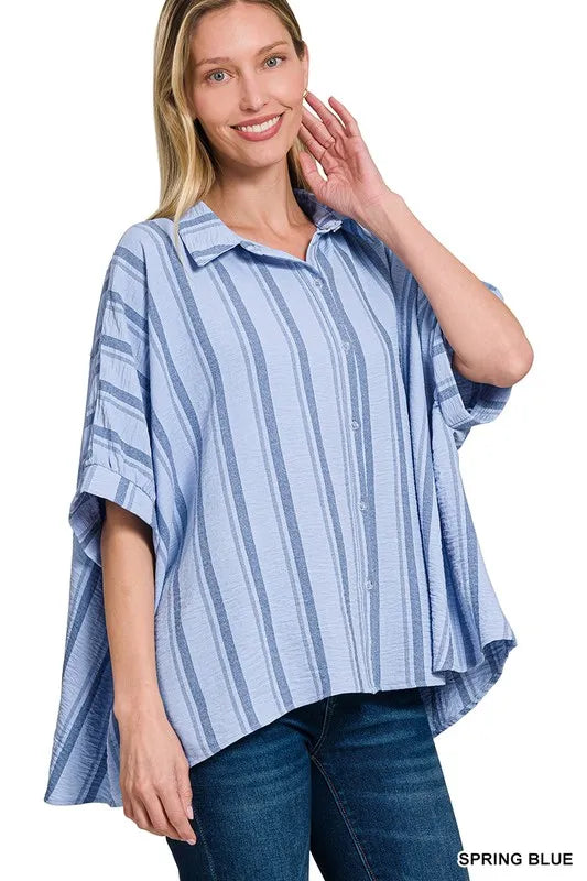 Zenana Woven Yarn-Dye Stripe Oversized Button Down Shirt