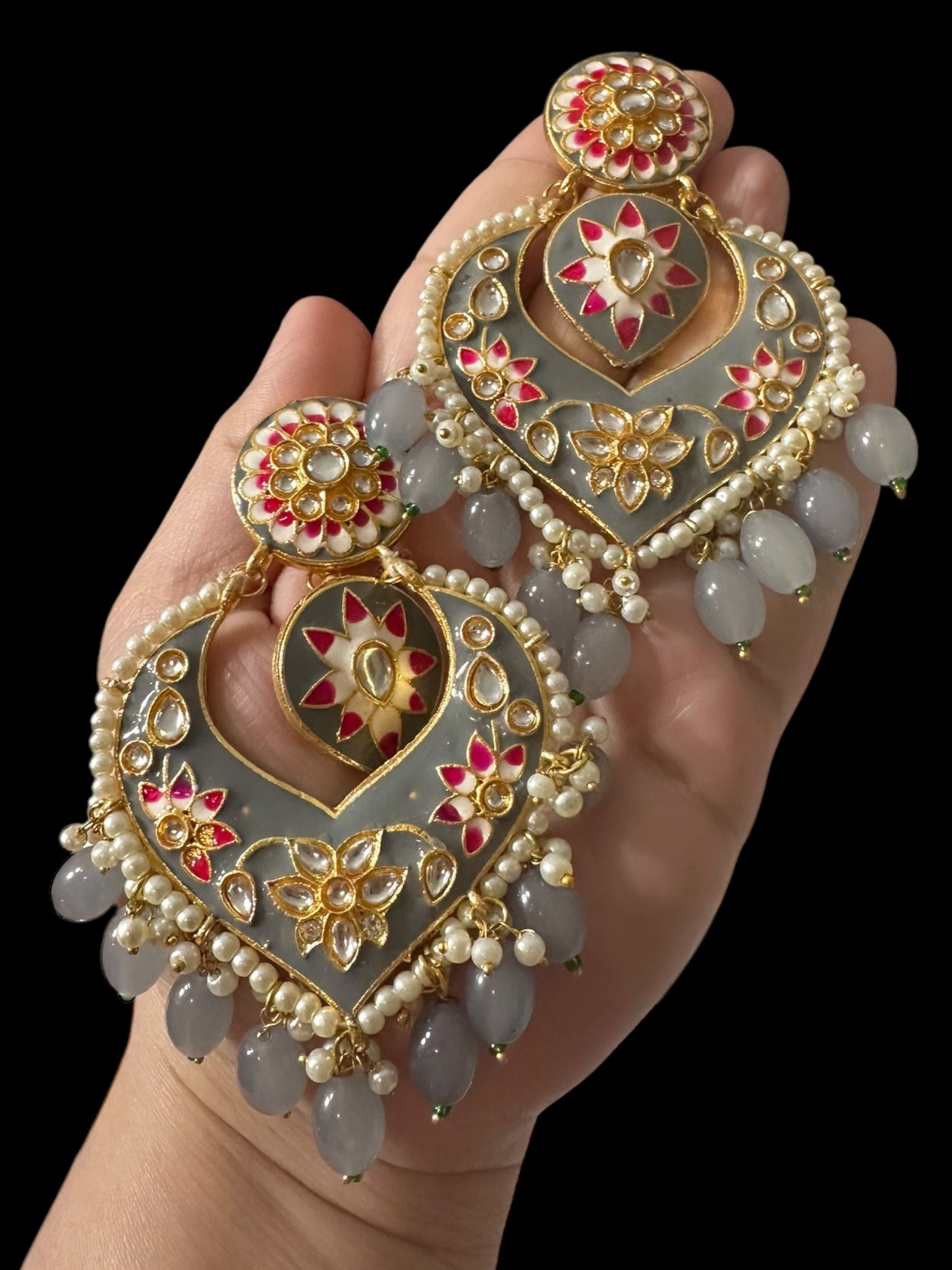 DER800 large sized kundan earrings- Grey ( READY TO SHIP )