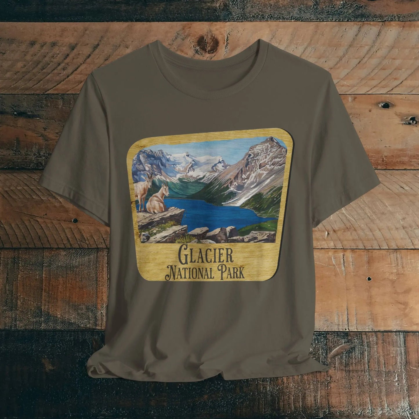 Glacier National Park Unisex Fit Short Sleeve T-Shirt Wood Sign