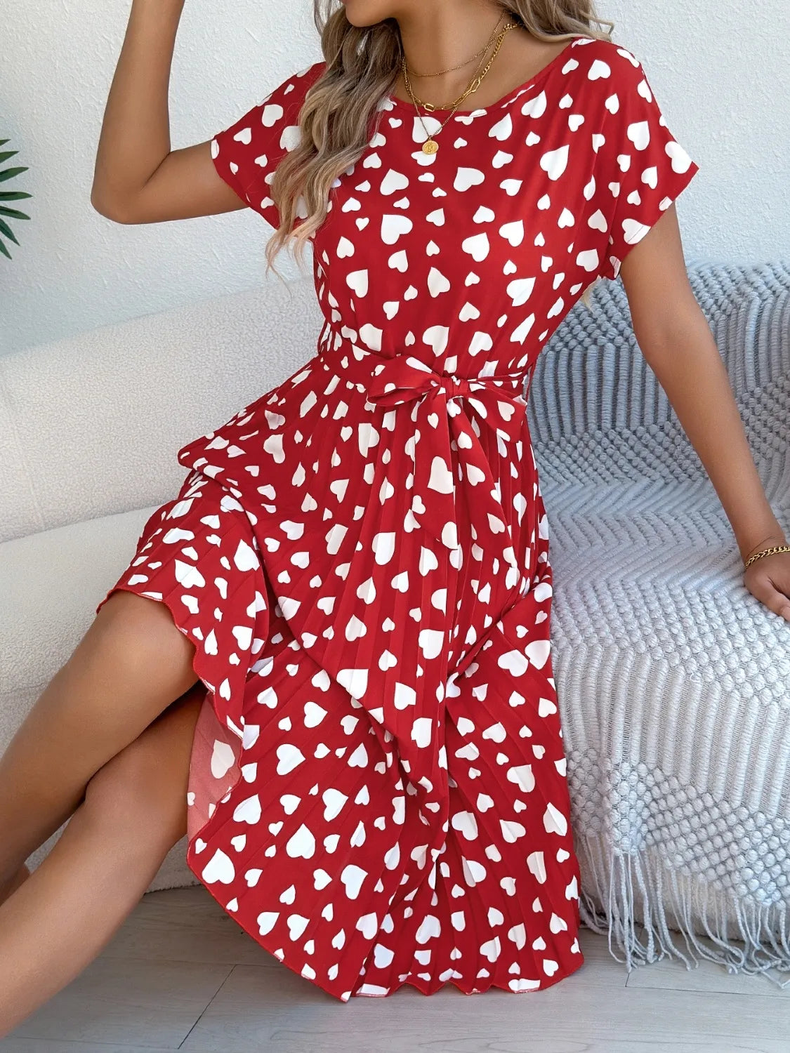 Heart Print Short Sleeve Tie Waist Dress