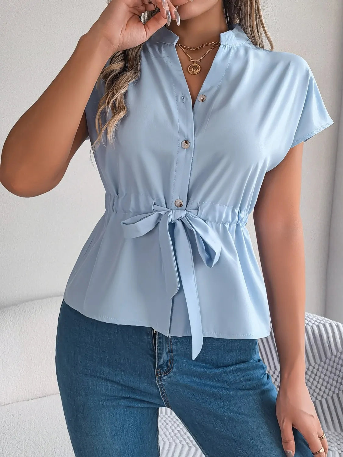 Notched Short Sleeve Blouse