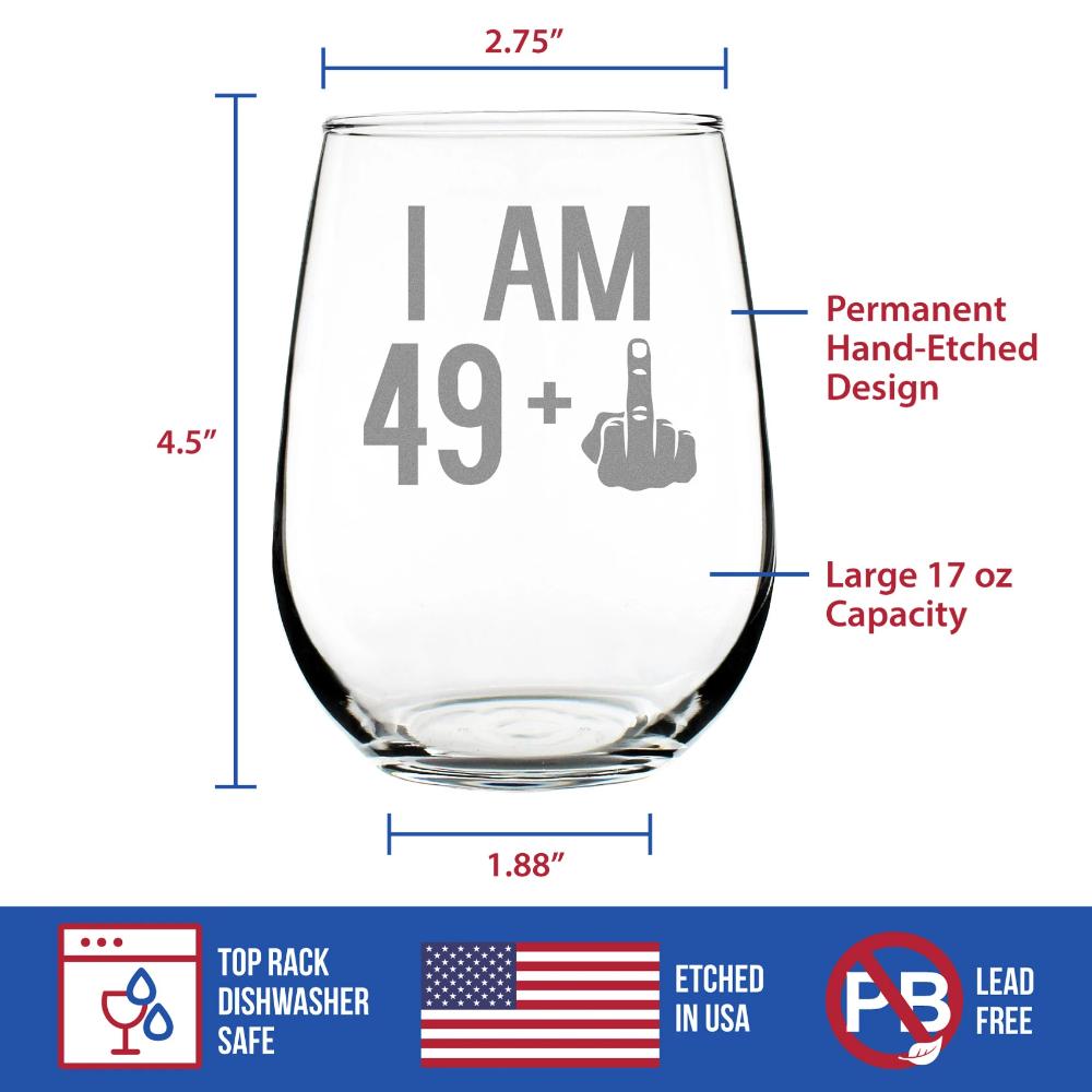 49 + 1 Middle Finger - 50th Birthday Stemless Wine Glass for Women & Men - Cute Funny Wine Gift Idea - Unique Personalized Bday Glasses for Best Friend Turning 50 - Drinking Party Decoration