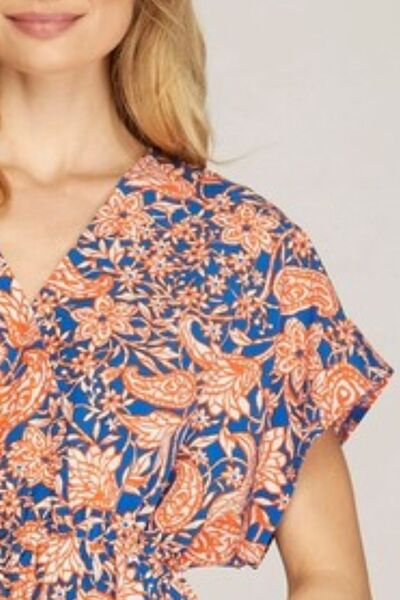 She Sky Full Size Ruffled Hem Printed Surplice Kimono Sleeve Mini Dress Plus Size