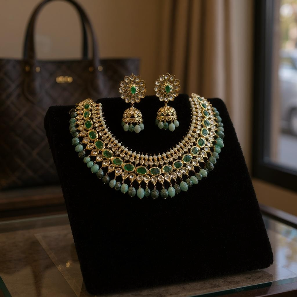 Aleezay necklace set with real emerald beads (SHIPS IN 2 WEEKS)