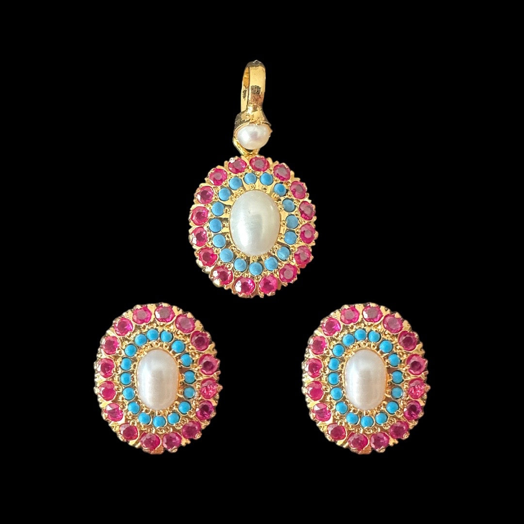 Gold plated jadau silver pendant set in ruby turquoise ( SHIPS IN 4 WEEKS )