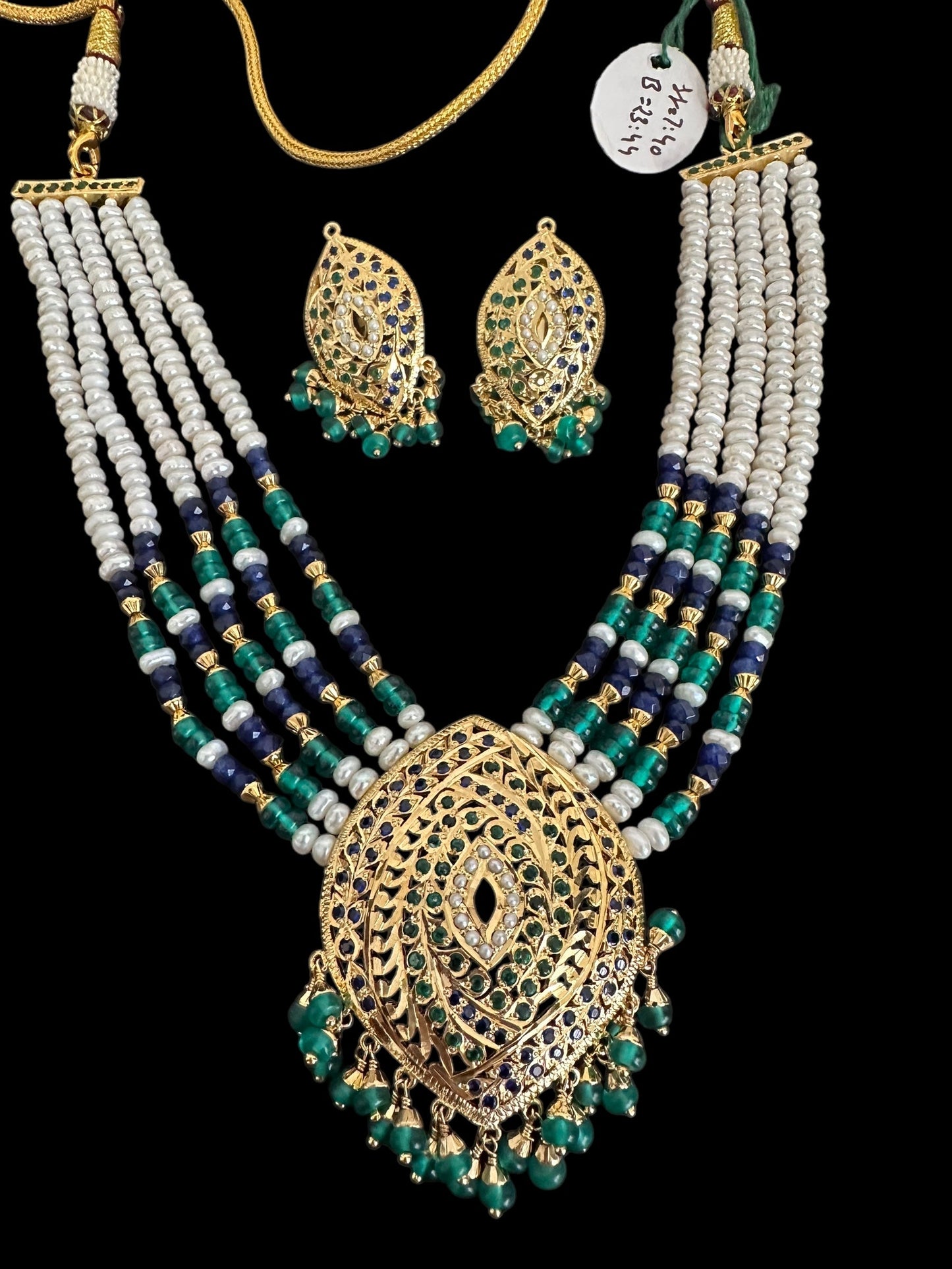 Emerlad sapphire pearl jadau silver necklace set with gold plating ( READY TO SHIP )