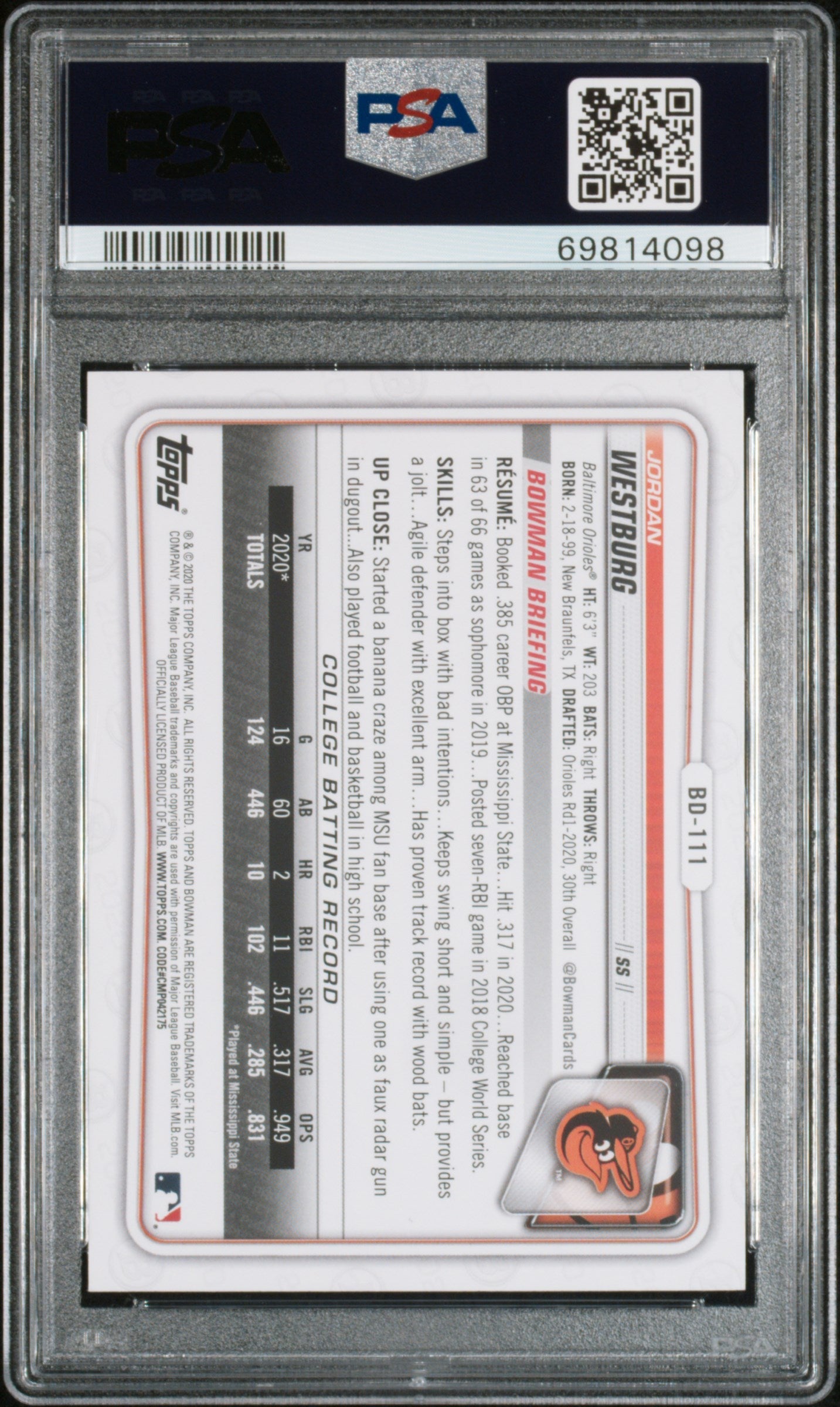 Graded 2020 Topps Bowman Draft Jordan Westburg #BD111 Rookie RC Baseball Card PSA 10 Gem Mint
