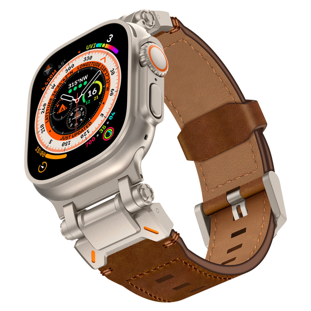 Leather Tactical Band for Apple Watch Ultra – 26mm Wide, Mecha-Style Connectors, Adventure-Ready