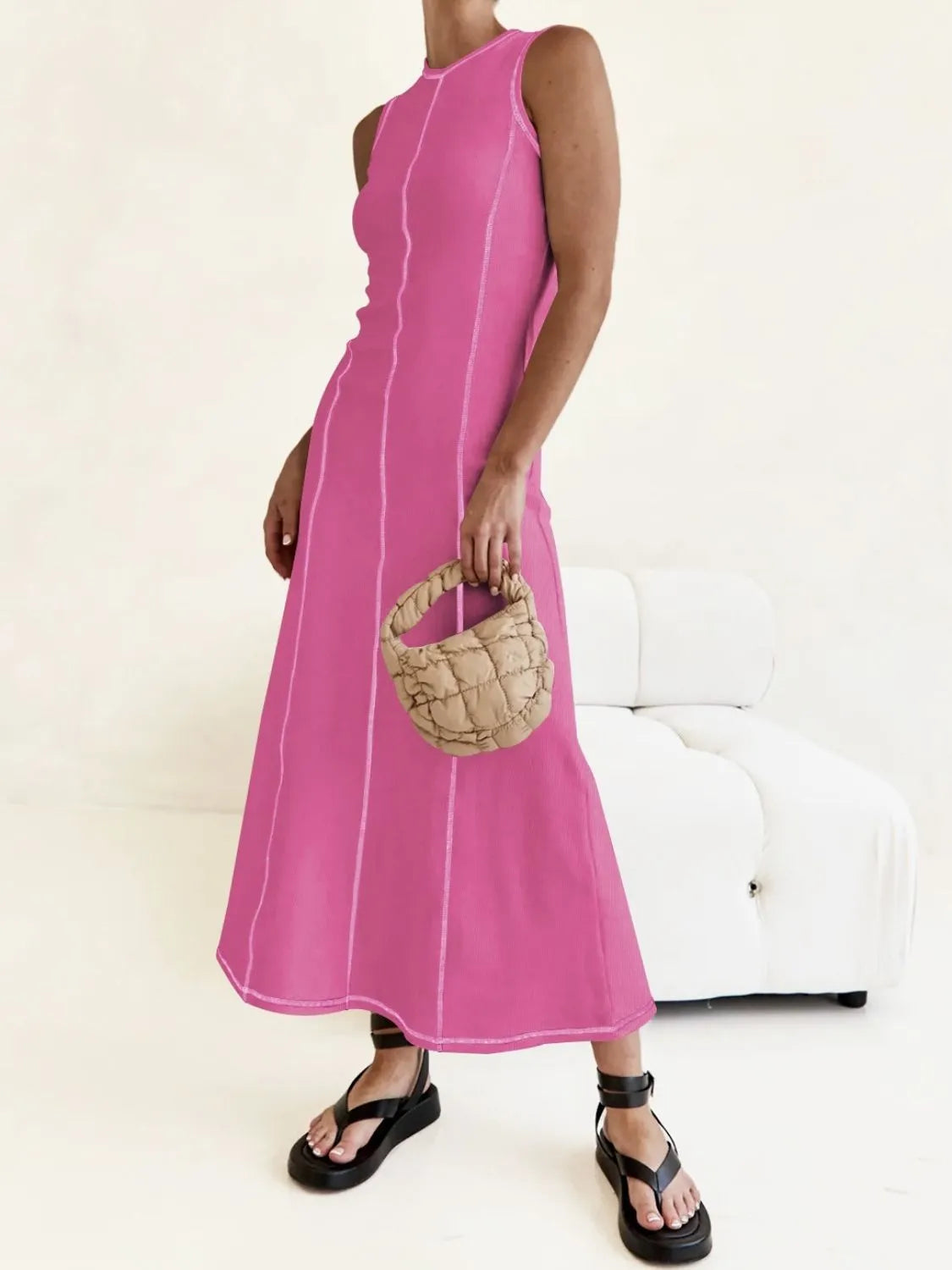 Contrast Stitching Round Neck Sleeveless Midi Dress