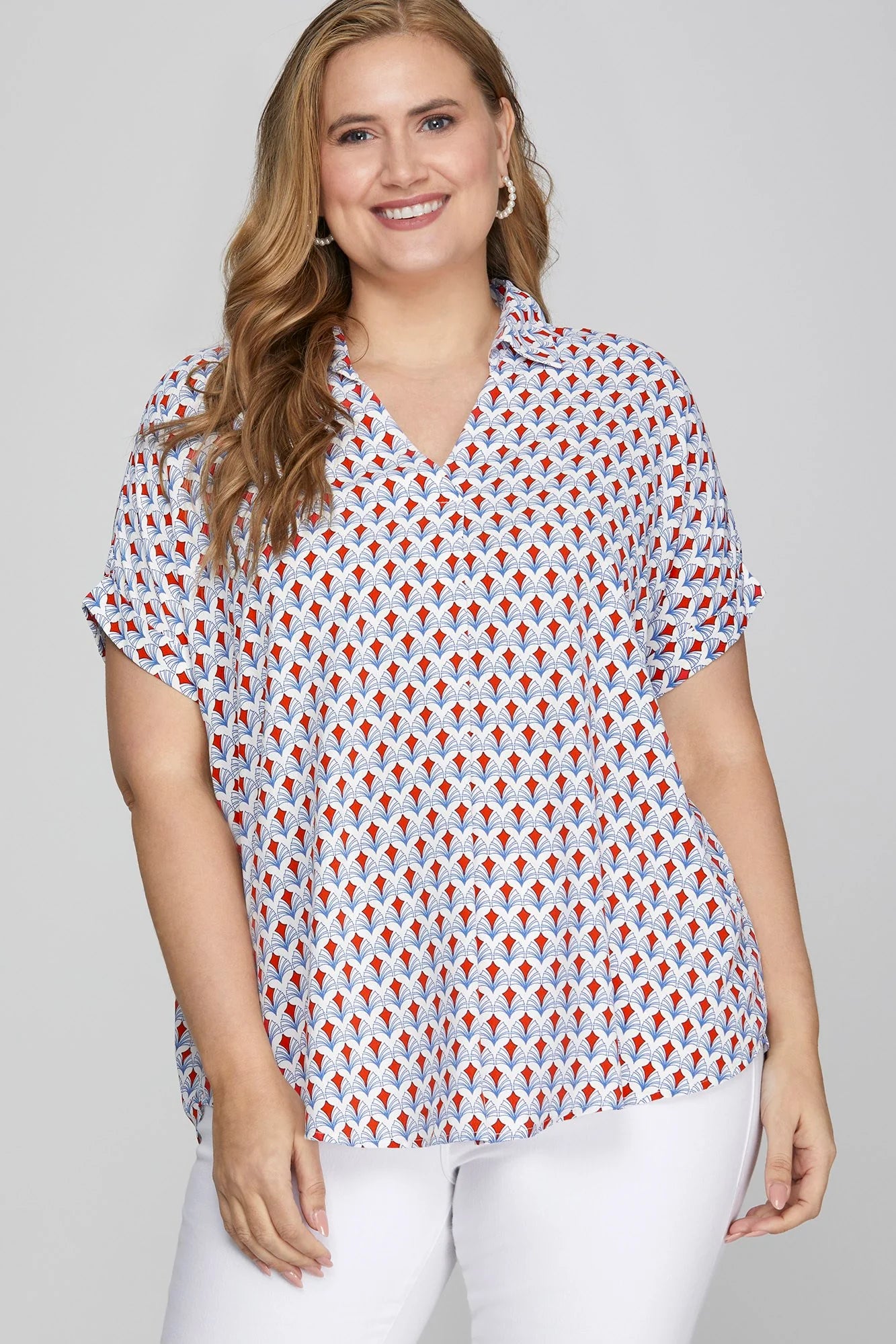 She Sky Full Size Printed Johnny Collar Short Sleeve Blouse Plus Size