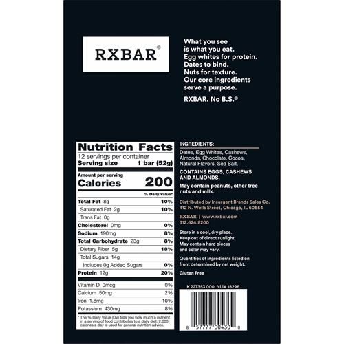 Rxbar Protein Bars, Protein Snack, Snack Bars, Chocolate Sea Salt, 22Oz Box (12 Bars)