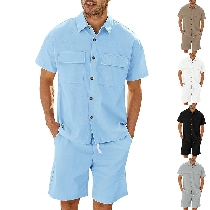 Men's Cotton Linen Two-Piece Summer Set - Short Sleeve Shirt & Shorts
