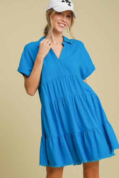 Umgee Full Size Raw Hem Folded Sleeve Tiered Dress Plus Size #2