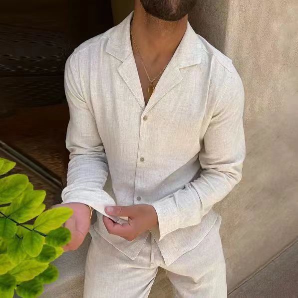 Men's Cotton Long Sleeve Lapel Shirt & Slim Fit Pants Set