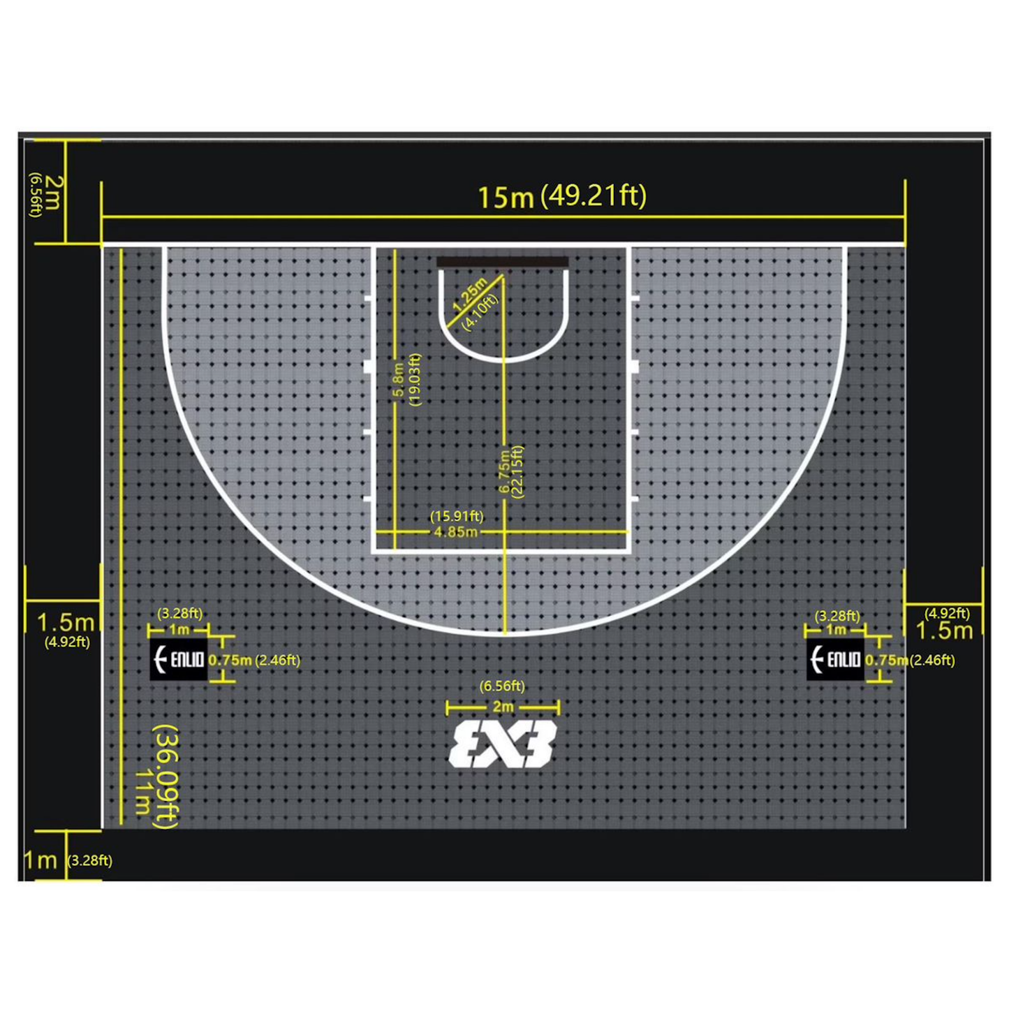 USA Enlio Official Olympic 3X3 Basketball Court – FIBA Certified – 25' x 54' Large Training Court