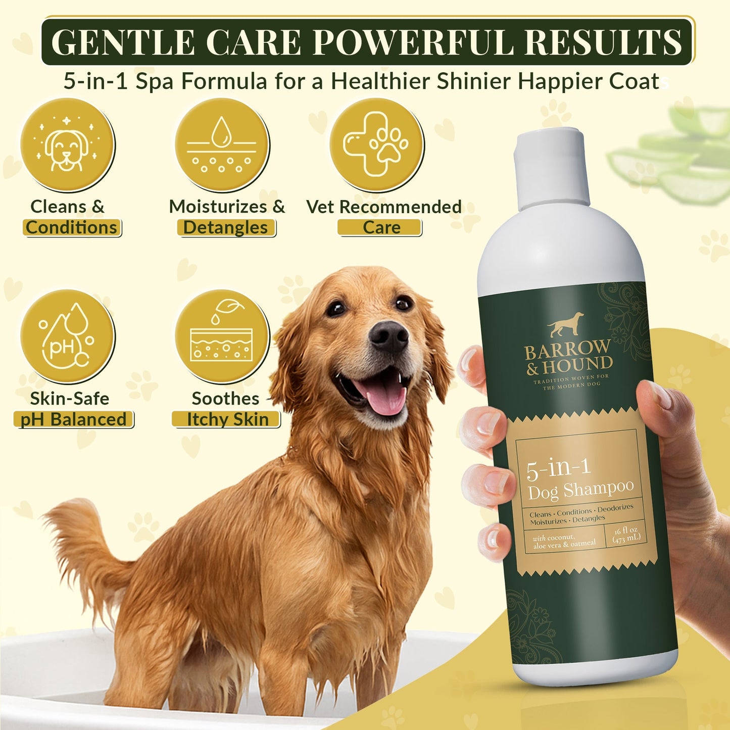 5-in-1 Dog Shampoo – Cleans, Conditions, Deodorizes, Moisturizes & Detangles – with Coconut, Oatmeal & Aloe – for Sensitive Skin – 16 fl oz