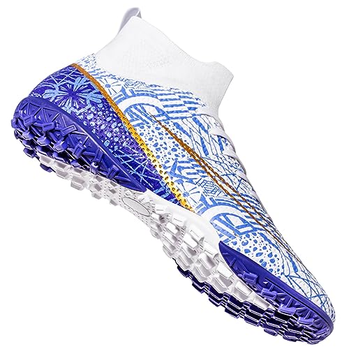 HaloTeam Soccer Shoes Mens Cleats High-Top Outdoor Professional Training Turf Football Boots Breathable Athletic Sneaker for AG/FG,White,7.5 US