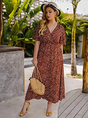 Floerns Women's Plus Size Boho Floral V Neck Short Sleeve A Line Long Dress Rust Brown 2XL
