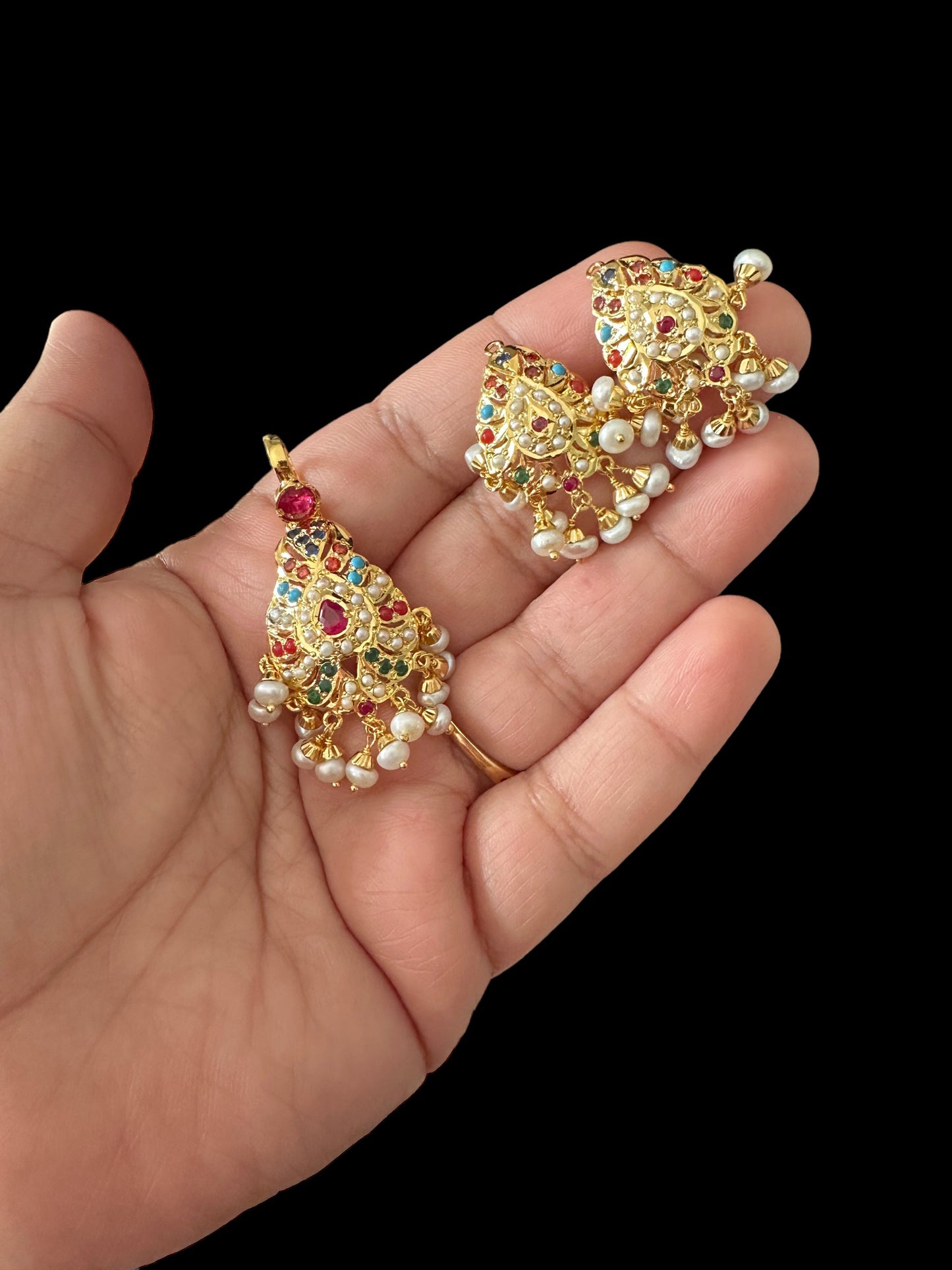Gold plated jadau silver pendant set in navratan ( READY TO SHIP )