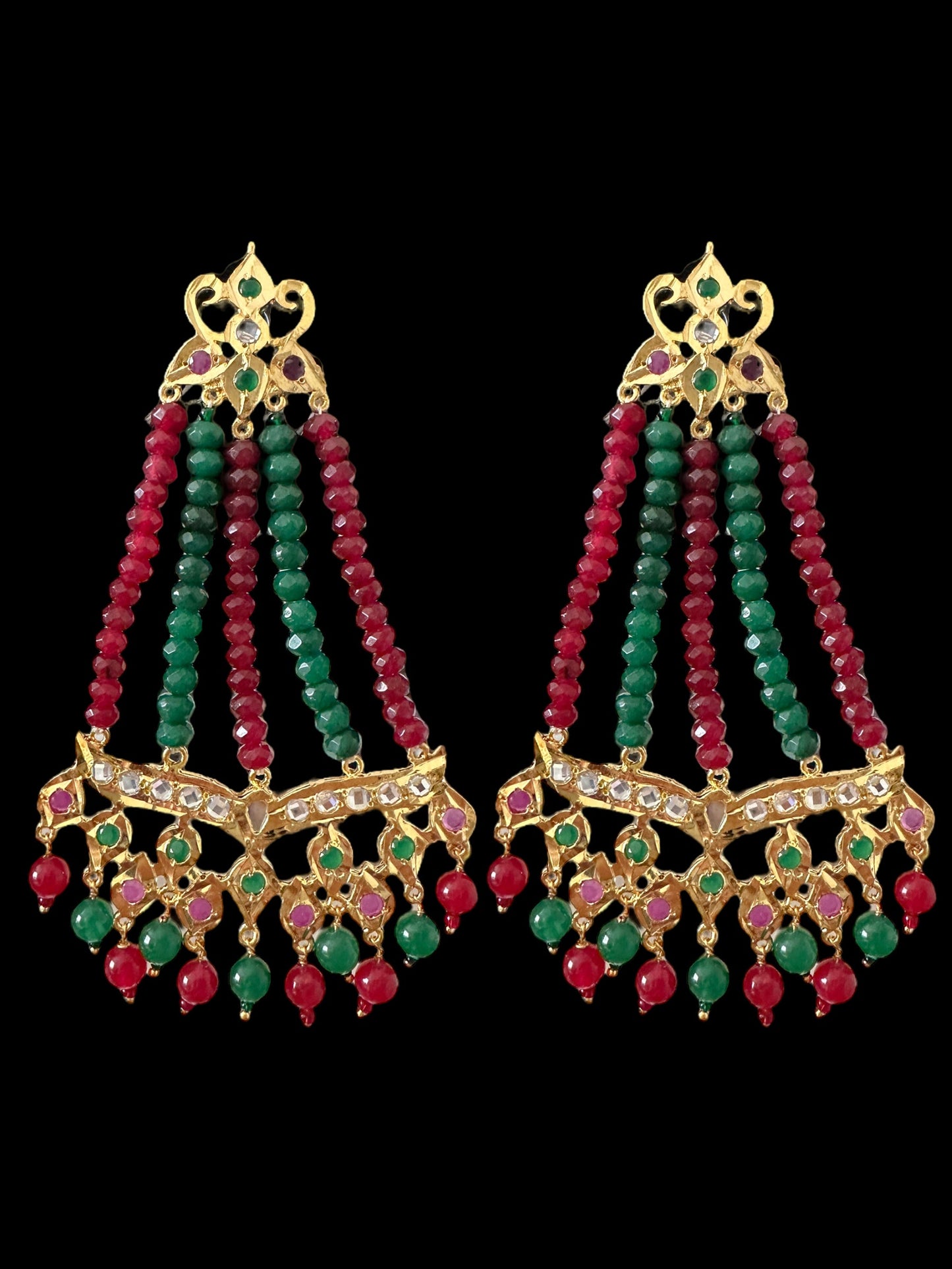 DER591 Amrita jhoomar earrings in ruby green beads ( READY TO SHIP )