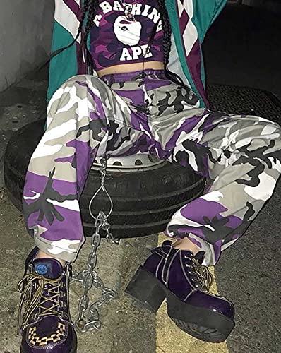ZODLLS Women's Camo Pants Cargo Trousers Cool Camouflage Pants Elastic Waist Casual Jogger Pants with Pocket Purple Camo-M