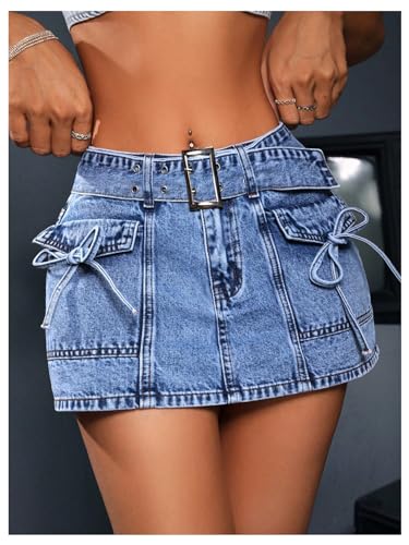 BEAUDRM Women's Low Waist Denim Skort Buckle Belted Flap Pockets Bows Front Denim Jean Skort Skirt Mini Shorts Blue 27