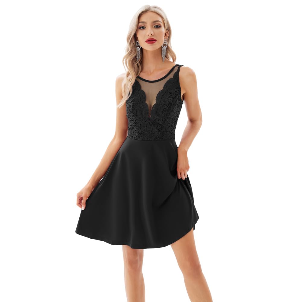 GRACE KARIN Women Lace Patchwork See Through Front A-Line Flare Party Dress M Black