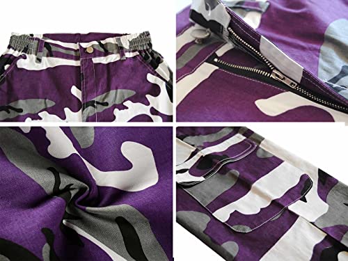 ZODLLS Women's Camo Pants Cargo Trousers Cool Camouflage Pants Elastic Waist Casual Jogger Pants with Pocket Purple Camo-M