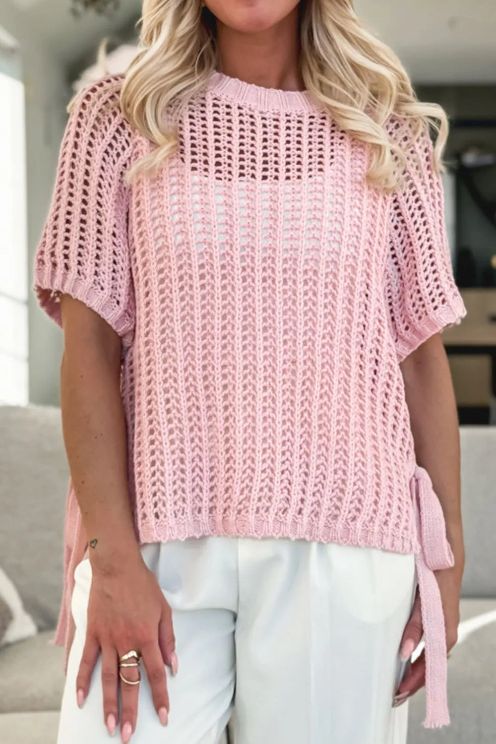 Hollow-out Crochet Side Tied Short Sleeve Knit Cover Up