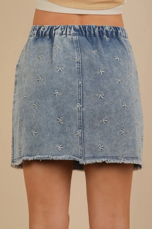 VERY J Bow Printed Casual Denim Mini Skirt