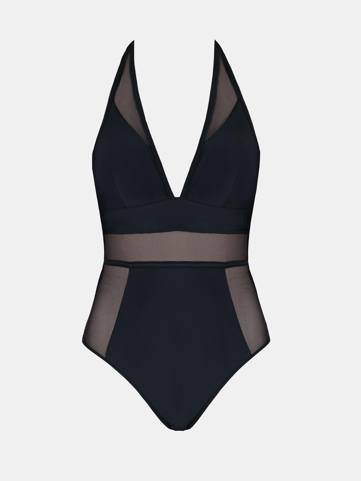 CUPSHE Women's One Piece Swimsuit Plunge Neck Mesh Halter Back Tie Swimwear M, Black