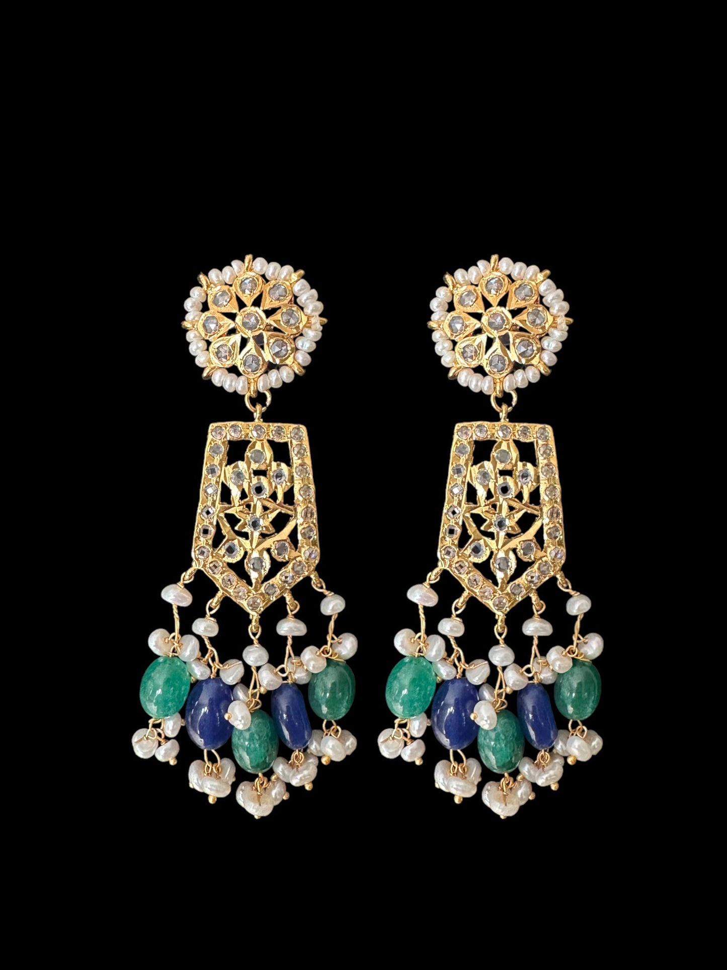 DER598 Indu earrings with fresh water pearls and emerald sapphire beads ( SHIPS IN 2 WEEKS )