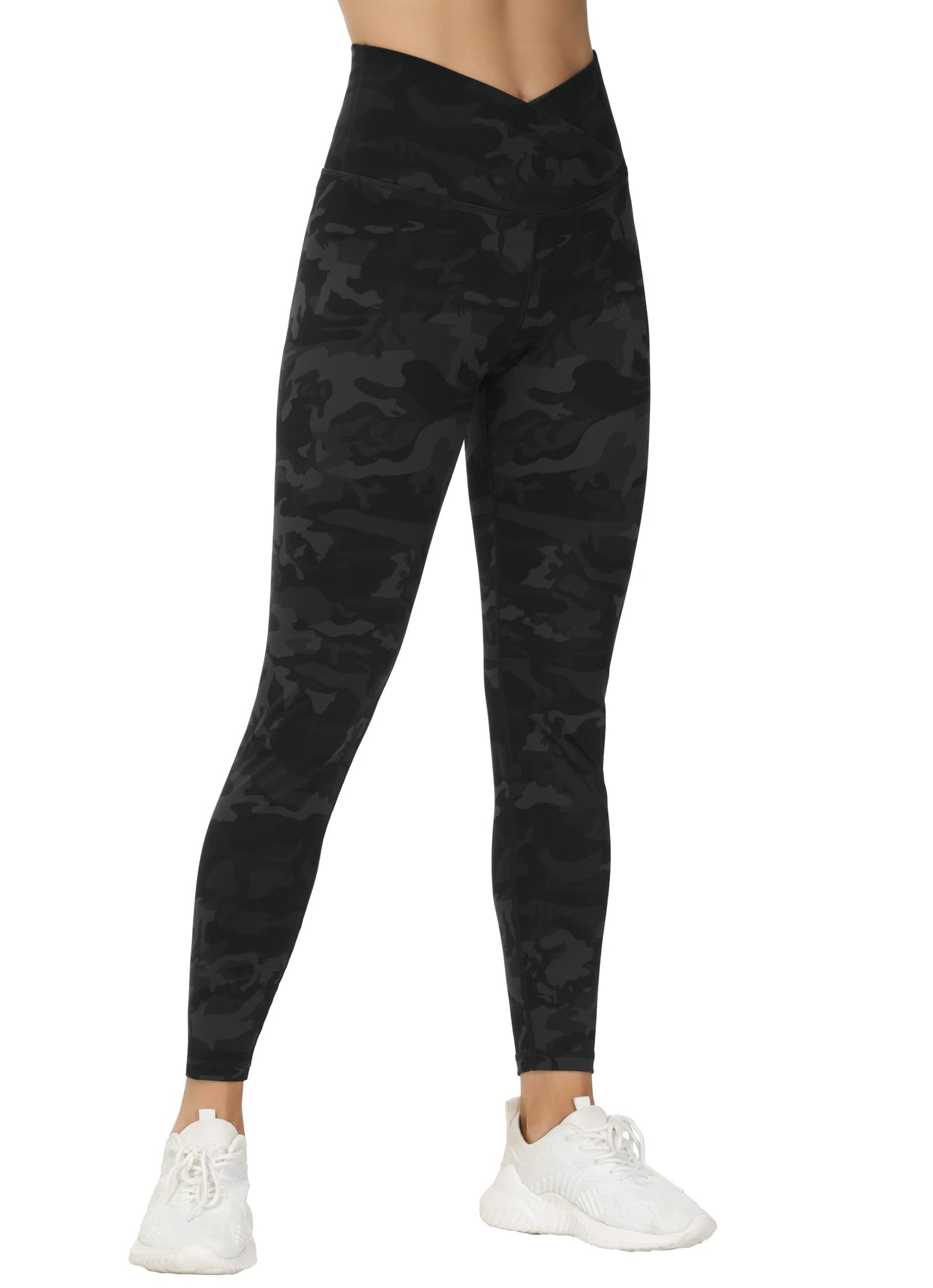 Women's V Cross Waist Yoga Leggings High Waisted Tummy Control Workout Running Pants Black Camo