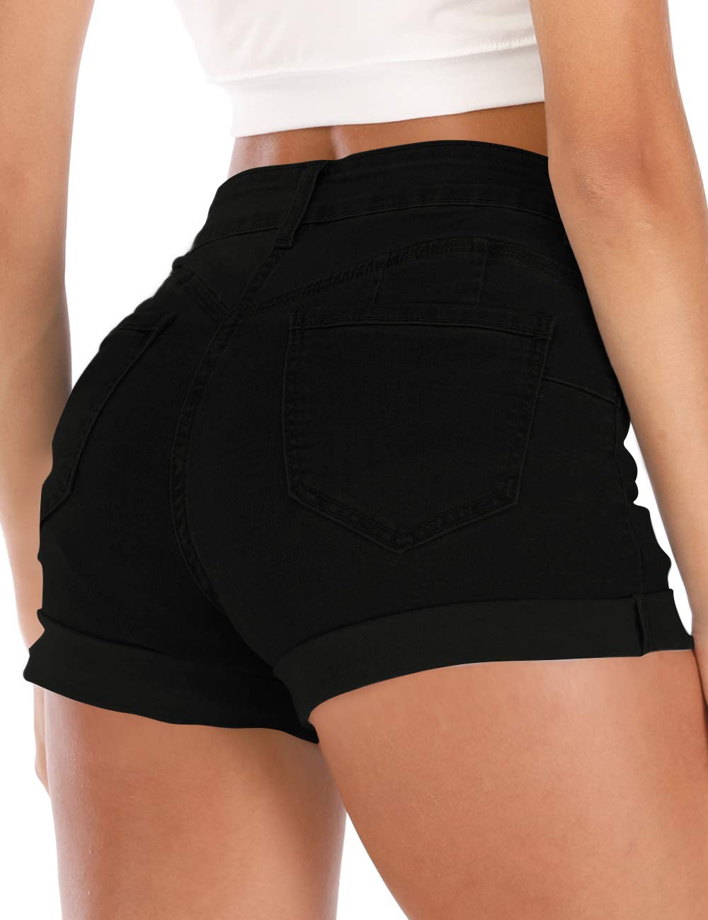 Cuihur Women's Summer High Waisted Denim Shorts Folded Hem Casual Short Jeans Black 12