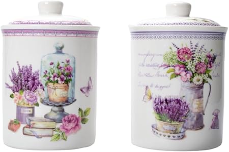 Ceramic Canisters Set with Ceramic Lid, Storage Jar for Kitchen Countertop Serving Coffee, Tea, Sugar, Spices, Salt, Flour, Dog Treats (26.5oz, Set of 2, Purple Lavender Pattern)