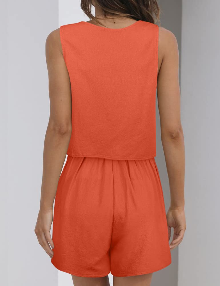 ROYLAMP Women's Summer 2 Piece Outfits Sleeveless Square Neck Crop Tops High Waisted Shorts Set Romper with Pockets Orange L