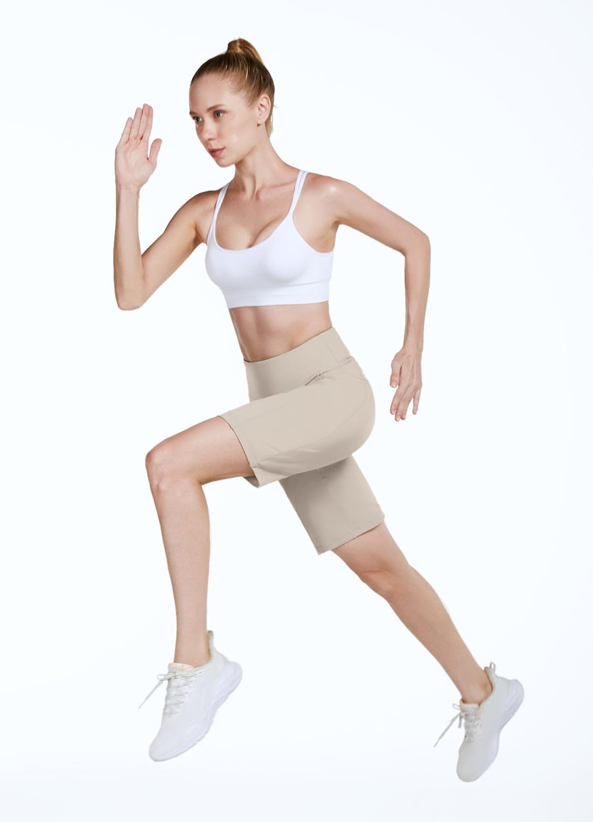 BALEAF Women's 10" Bermuda Shorts Long Athletic Workout Knee Length High Waisted Yoga Running Shorts with 3 Pockets Light Khaki XL