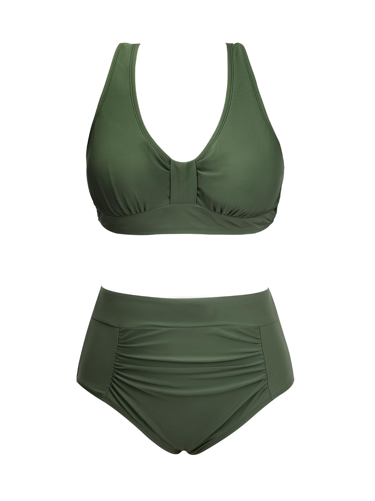 CUPSHE Women's Bikini Sets Two Piece Swimsuit V Neck Knot Front Swimwear High Waisted Shirred Bottom M Army Green