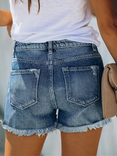 ZOLUCKY Women's Casual Summer Denim Shorts Mid Waisted Stretchy Ripped Jean Shorts with Pockets