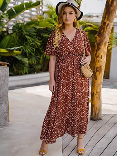Floerns Women's Plus Size Boho Floral V Neck Short Sleeve A Line Long Dress Rust Brown 2XL