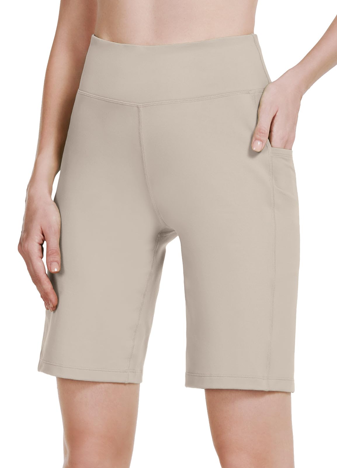 BALEAF Women's 10" Bermuda Shorts Long Athletic Workout Knee Length High Waisted Yoga Running Shorts with 3 Pockets Light Khaki XL