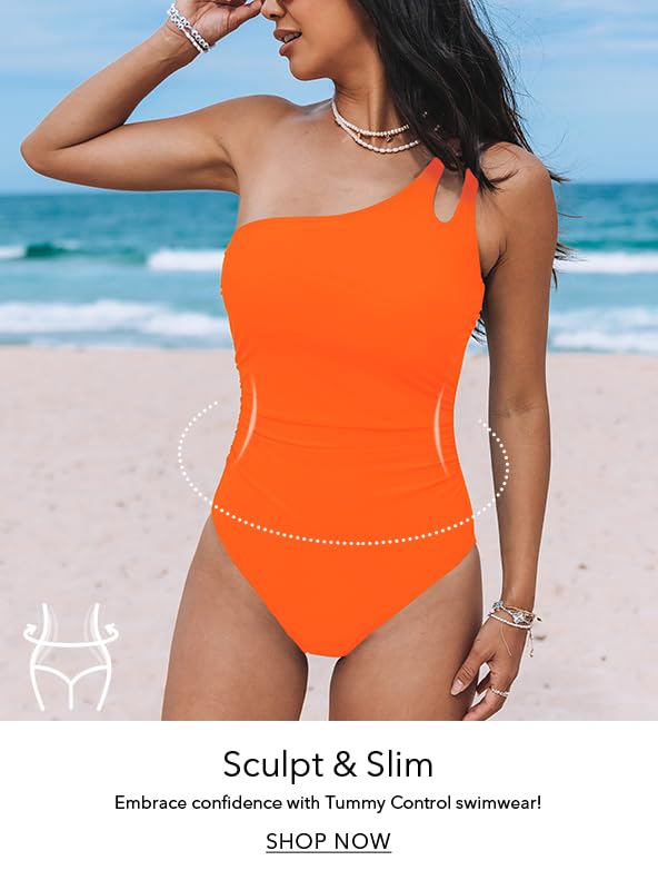 CUPSHE Women's One Piece Swimsuit Tummy Control Bathing Suit One Shoulder Fixed Strap Slimming Swimwear M Neon Orange