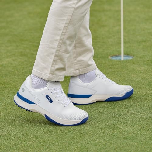 FitVille Extra Wide Mens Golf Shoes Professional Outdoor Waterproof Spiked Golf Shoes for Men(White Black, 9.5 X-Wide)