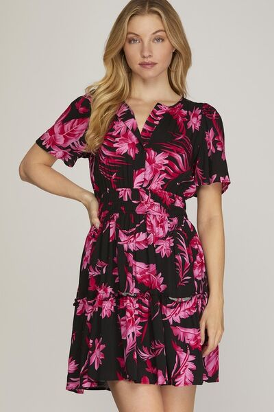 She Sky Full Size Printed Notched Short Sleeve Frill Tiered Dress Plus Size
