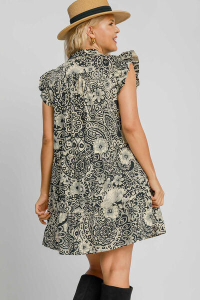 Umgee Full Size Printed Ruffle Cap Sleeve Babydoll Dress Plus Size #2